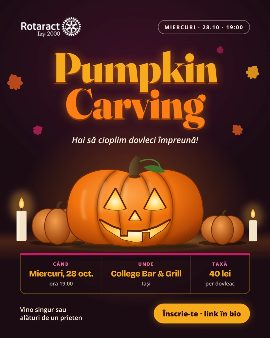 Afișul evenimentului Pumpkin Carving: miercuri, 28 octombrie, ora 19:00, College Bar & Grill, Iași